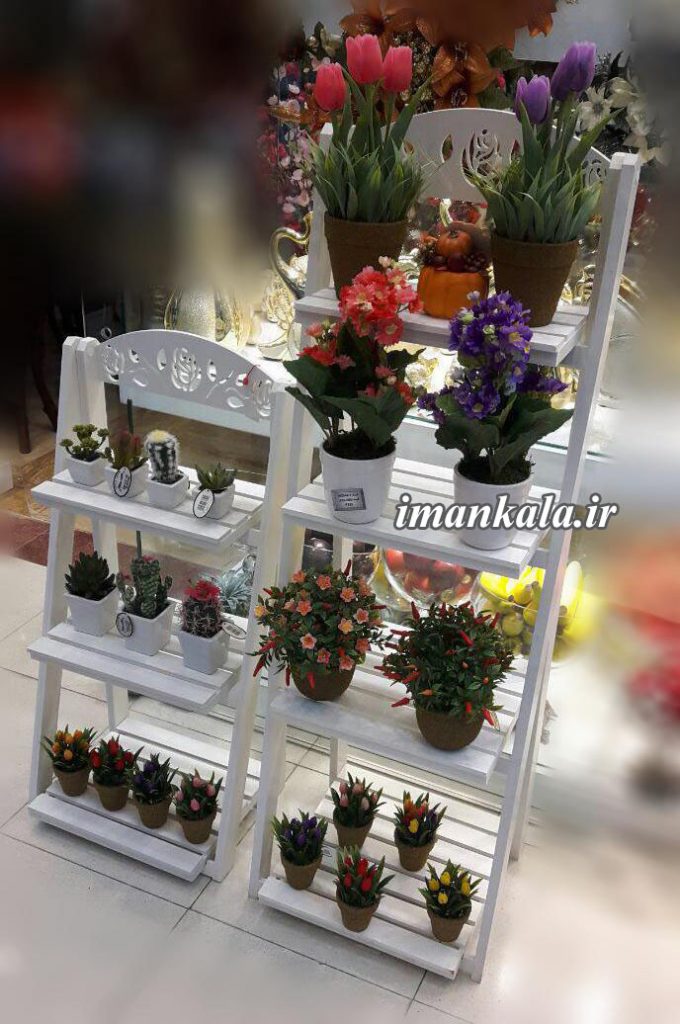 pvc استند پایه نردبان تزئینی چوبی پی وی سی سفید ضد آب ۳ و ۴ طبقه تاج دار جای لوازم گل گلدان