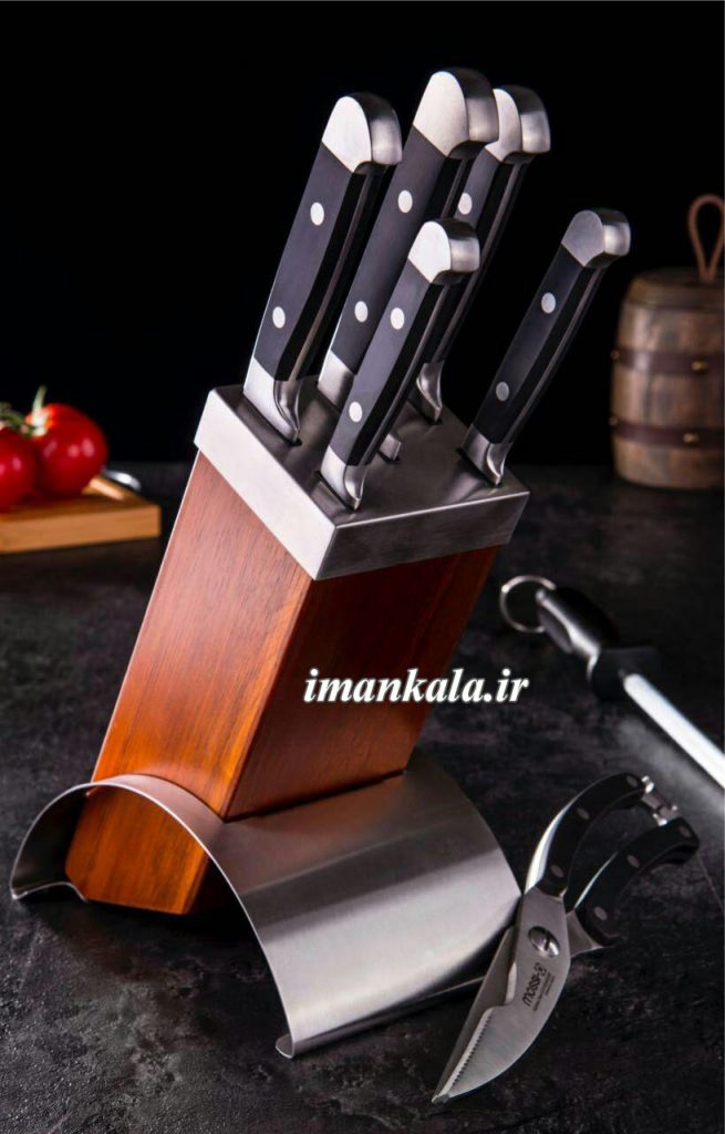 سرویس چاقو قیچی مصلق و استند پایه چوبی ۸ پارچه