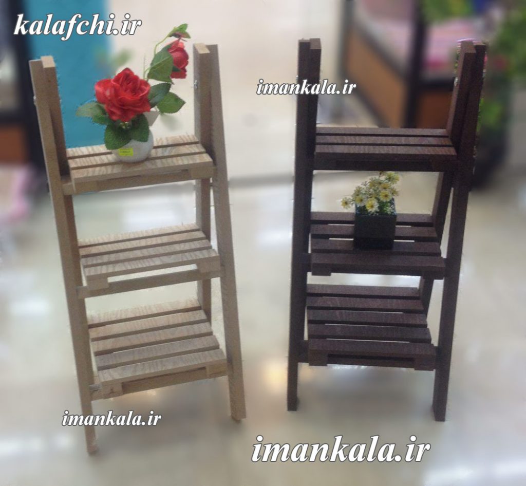 mdf استند پایه نردبان تزئینی چوبی ام دی اف قهوه ای کوچک ۳ طبقه جای لوازم گل گلدان