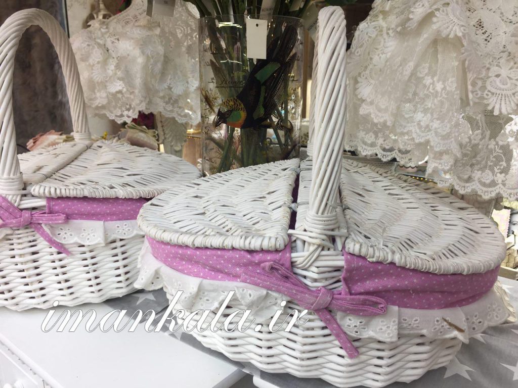 سبد پیک نیک حصیری پارچه خالخالی