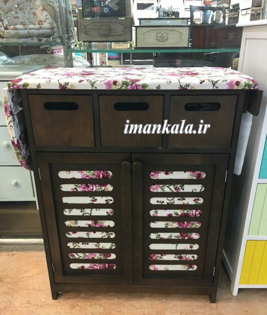 میز اتو فایل دراور کشو کمد چوبی قهوه ای جای لوازم لباس پارچه گل دار