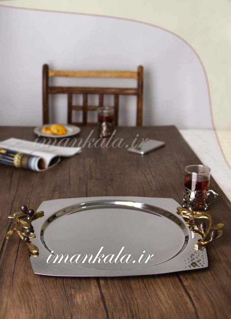 95151 سینی استیل گرد گوشه دار دسته برنجی