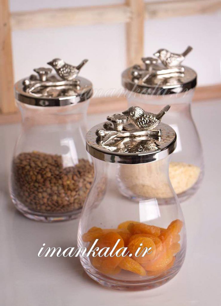 95805042 ظرف بانکه حبوبات خمره ای متوسط درب پرنده نقره ای 3 تایی