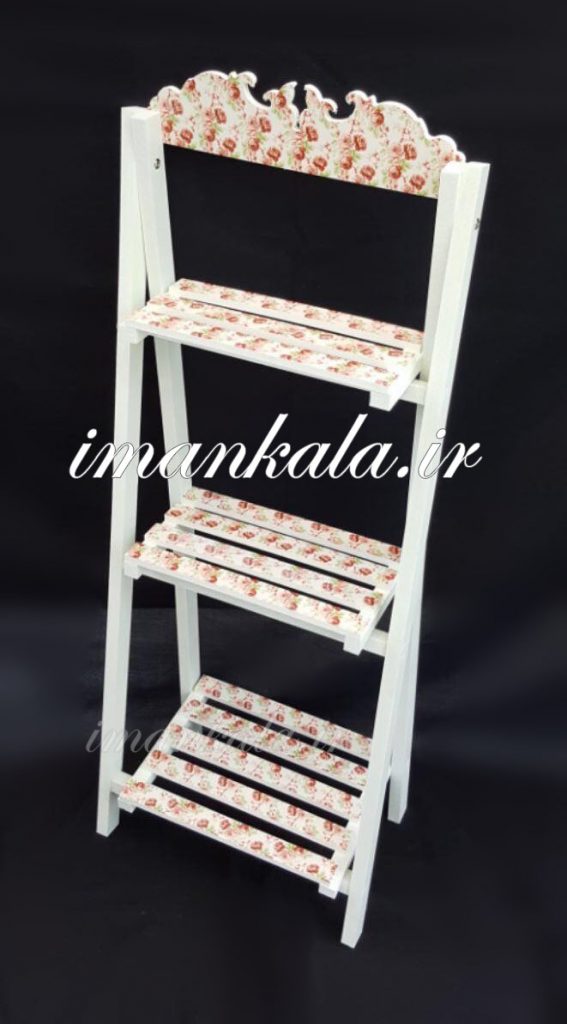 pvc استند پایه نردبان تزئینی چوبی پی وی سی سفید تاج طرح دار ۳ طبقه جای گل گلدان لوازم
