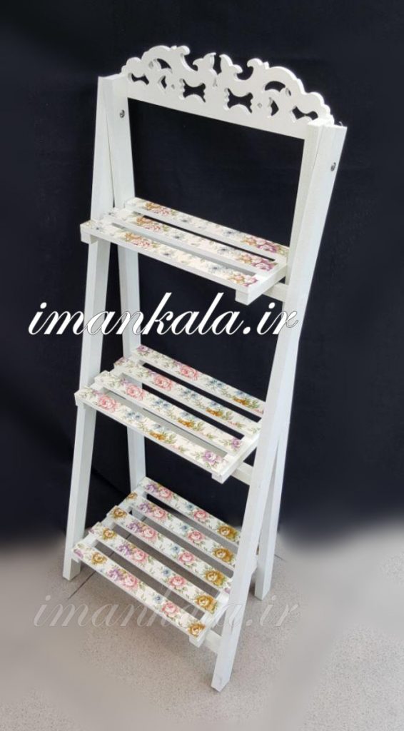 pvc استند پایه نردبان تزئینی چوبی پی وی سی سفید ضد آب طرح و تاج دار ۳ طبقه جای گل گلدان لوازم