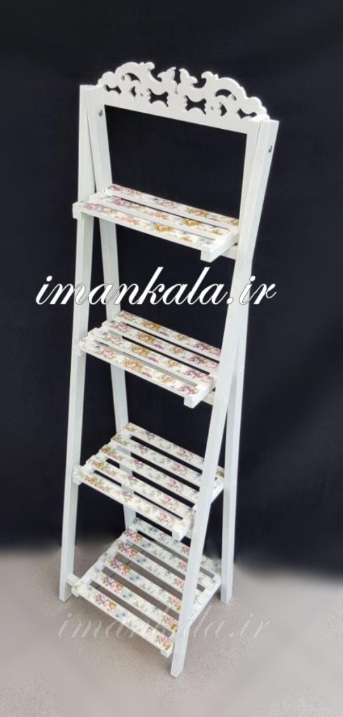 pvc استند پایه نردبان تزئینی چوبی پی وی سی سفید طرح و تاج دار ضد آب ۴ طبقه جای گل گلدان لوازم