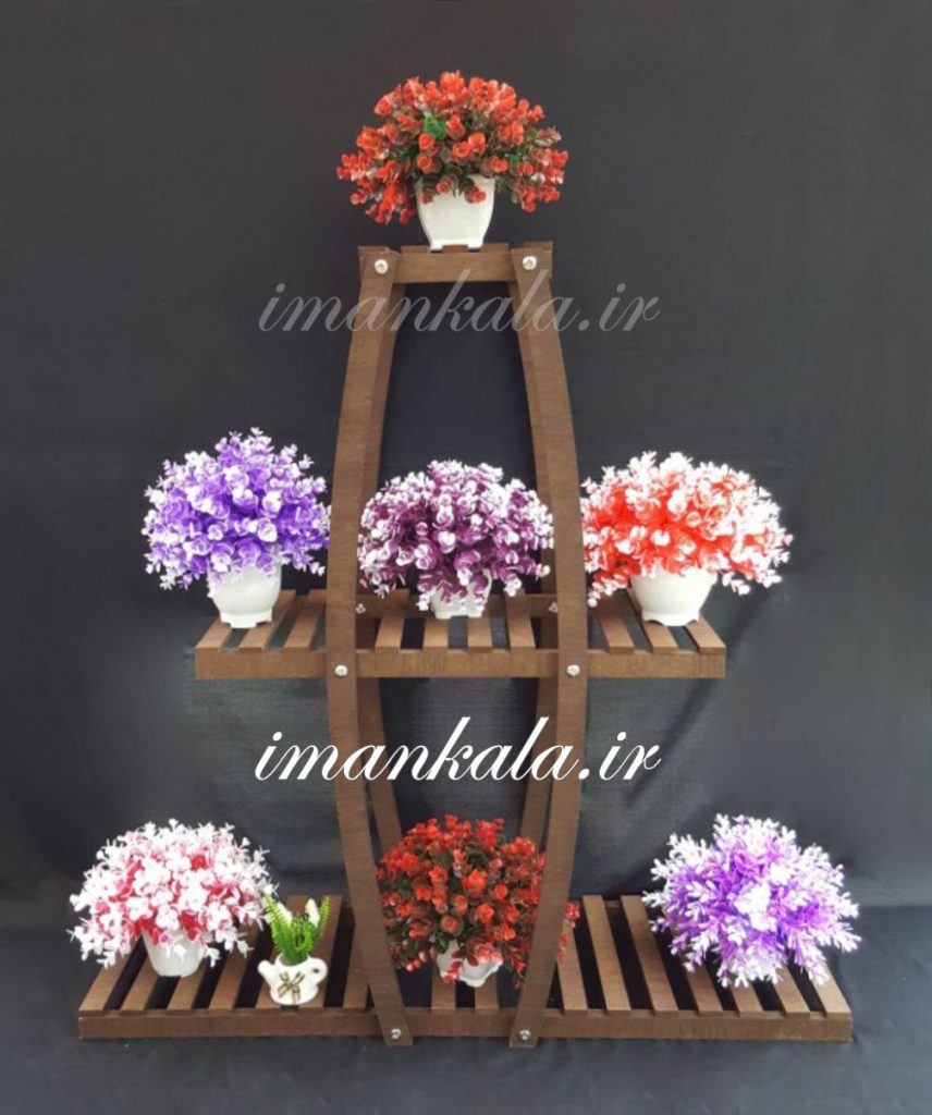 mdf استند پایه نردبان تزئینی چوبی ام دی اف قهوه ای ۳ طبقه ۳ ستون جای گل گلدان لوازم