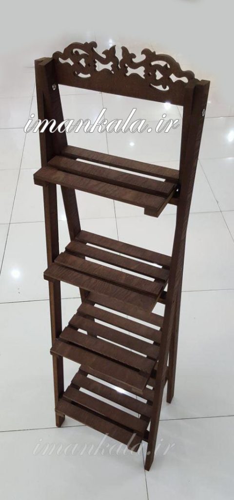 mdf استند پایه نردبان تزئینی چوبی ام دی اف قهوه ای تاج دار ۴ طبقه جای گل گلدان لوازم