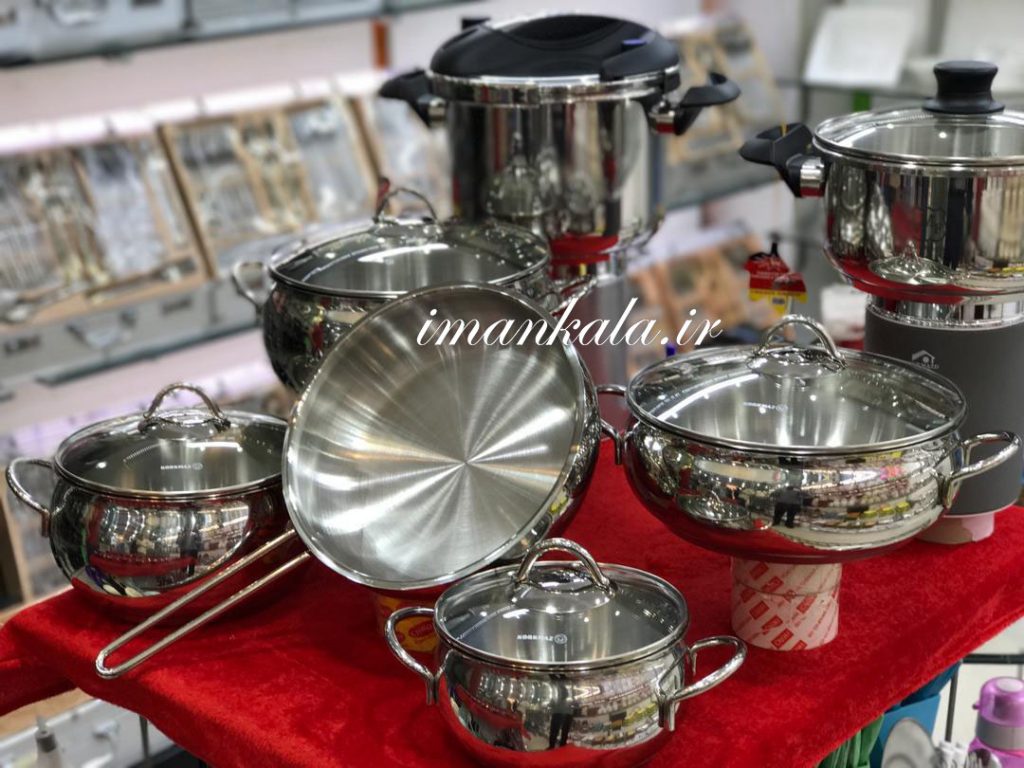 korkmaz turkey سرویس قابلمه استیل درب پیرکس ۹ پارچه کرکماز ترکیه