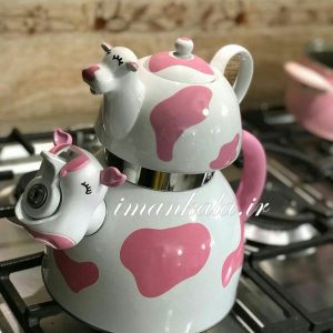 کتری قوری درب دار طرح گاو سفید صورتی