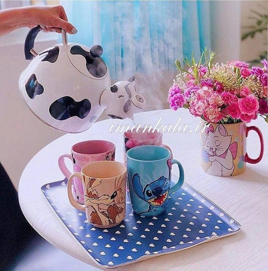 کتری قوری درب دار طرح گاو سفید مشکی