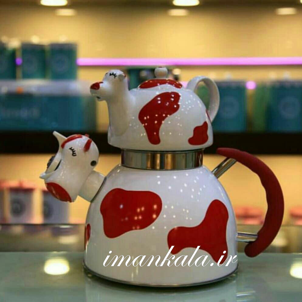 کتری قوری درب دار طرح گاو سفید صورتی - Image 15