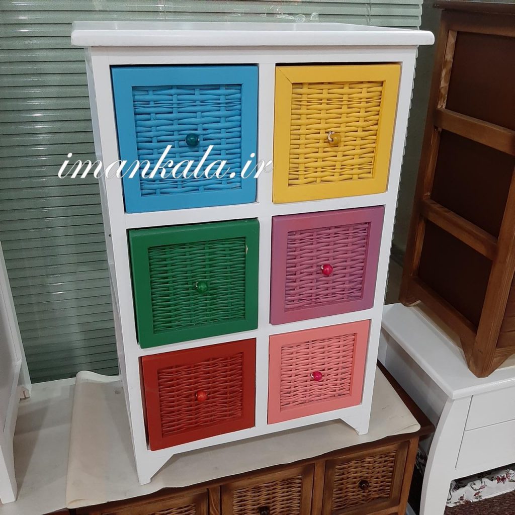 amin فایل دراور ۳ طبقه ۶ کشو چوبی جای لوازم لباس درب طرح حصیری رنگی