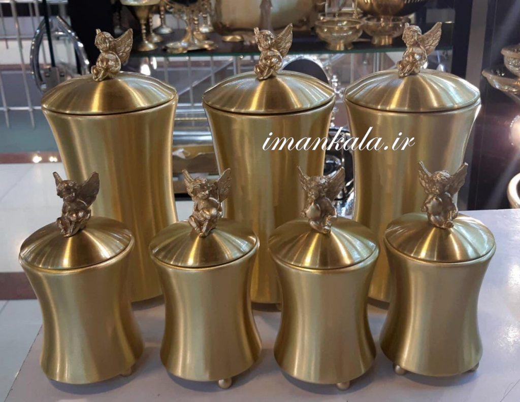 بانکه پاسماوری جای ادویه حبوبات برنجی ۷ پارچه کمر باریک درب فرشته بال دار