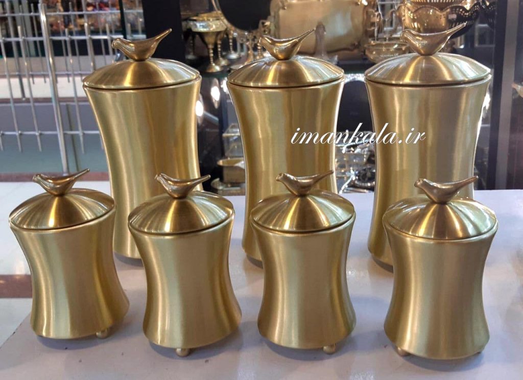 بانکه پاسماوری جای ادویه حبوبات برنجی ۷ پارچه کمر باریک درب پرنده