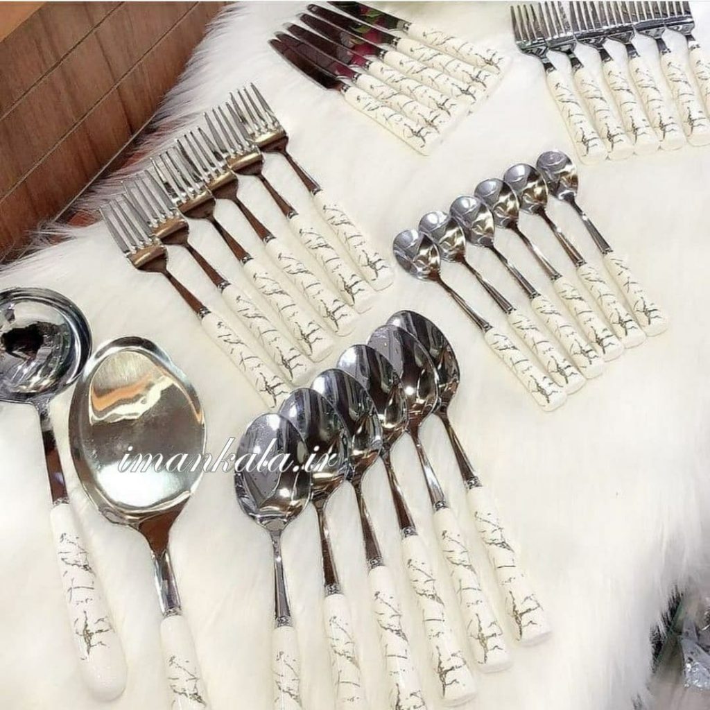 مجموعه ست قاشق چنگال کارد کفگیر ملاقه مرمر استیل دسته چینی سفید مشکی