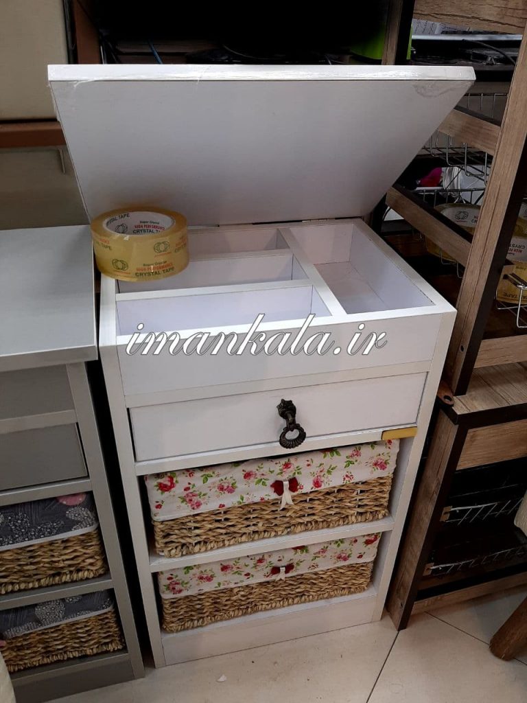 فایل دراور 4 طبقه دارای یک کشو چوبی جای قاشق کارد چنگال 2 سبد حصیری جای لوازم سیب زمینی پیاز