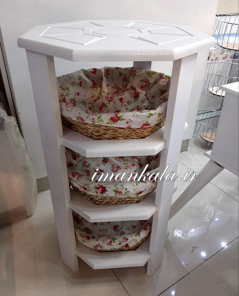 فایل چوبی ۳ و ۴ طبقه با سبد حصیری جای لوازم سیب زمینی پیاز پارچه گل و چهارخانه