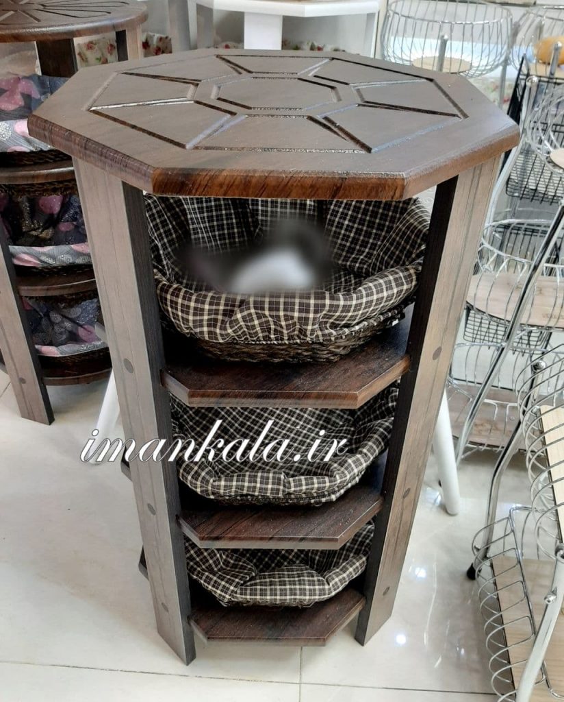 فایل چوبی ۳ و ۴ طبقه با سبد حصیری جای لوازم سیب زمینی پیاز پارچه گل و چهارخانه