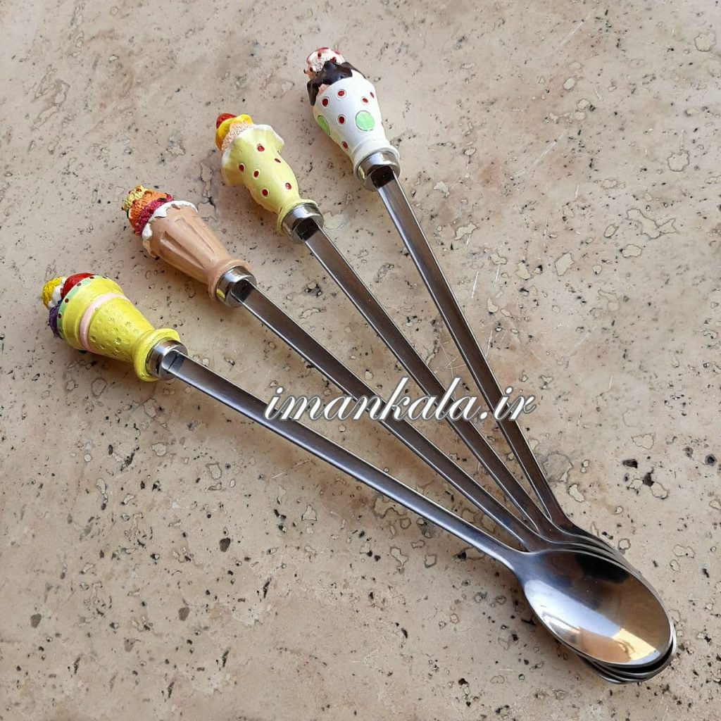 قاشق شربت استیل دسته سرامیکی طرح بستنی کاپ کیک ۴ تایی