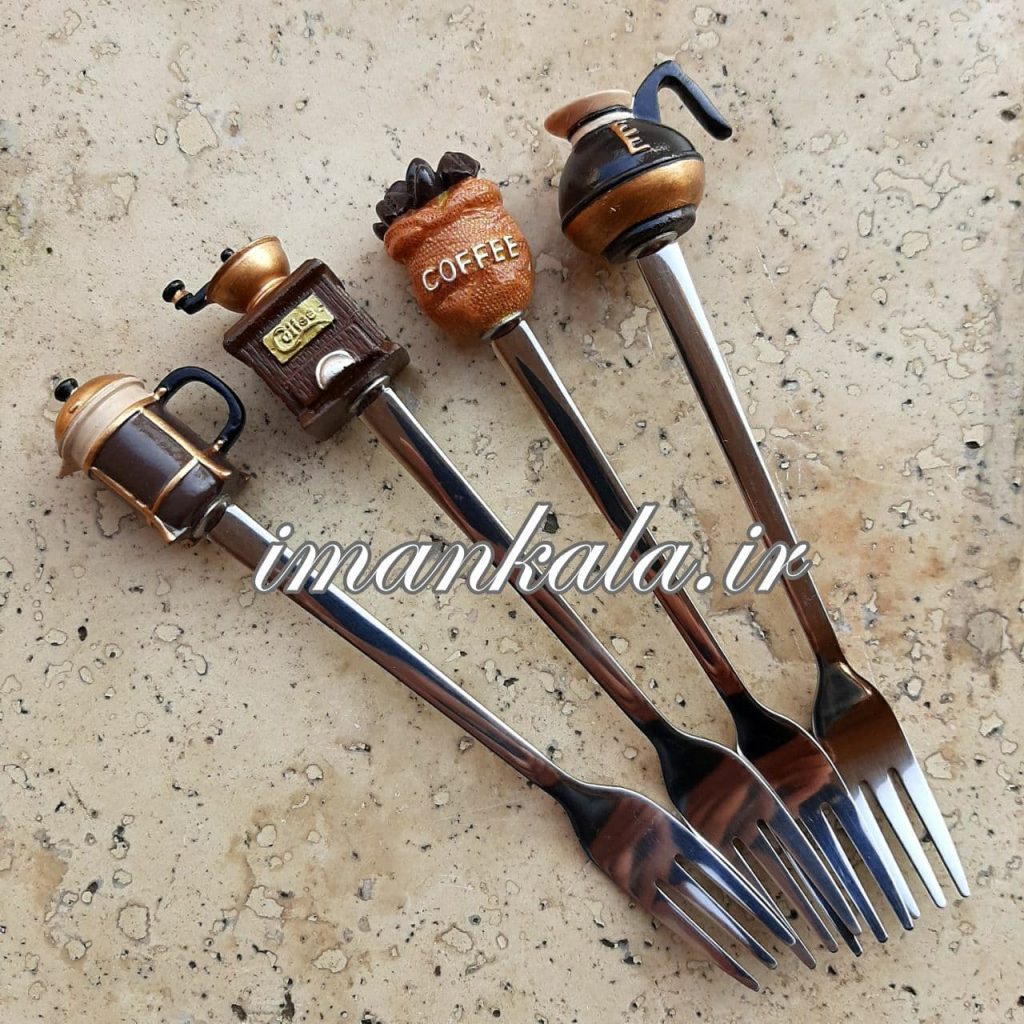 قاشق چنگال دسر استیل دسته سرامیکی طرح قوری قهوه جوش قهوه ساب ۴ تایی