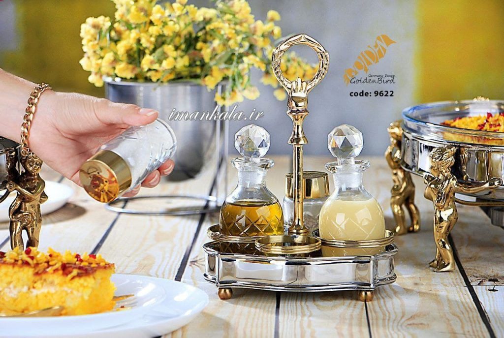 golden bird 9622 مجموعه ست پذیرایی جای آبلیمو روغن نمک فلفل پاش برنجی