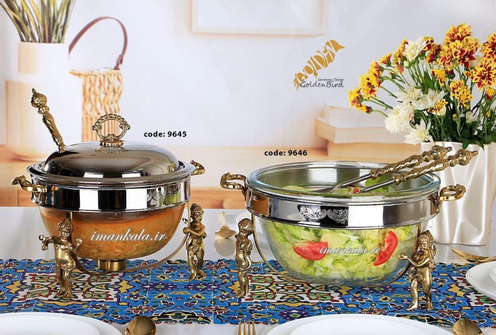 golden bird 9645 9646 ظرف پذیرایی سوفله وارمر دار سالاد فرشته برنجی