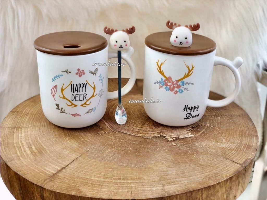 heidar 59118 happy deer ماگ لیوان درب و قاشق دار گوزن