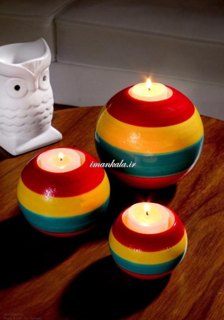 جای شمع ۳ تایی سرامیکی کره رنگی