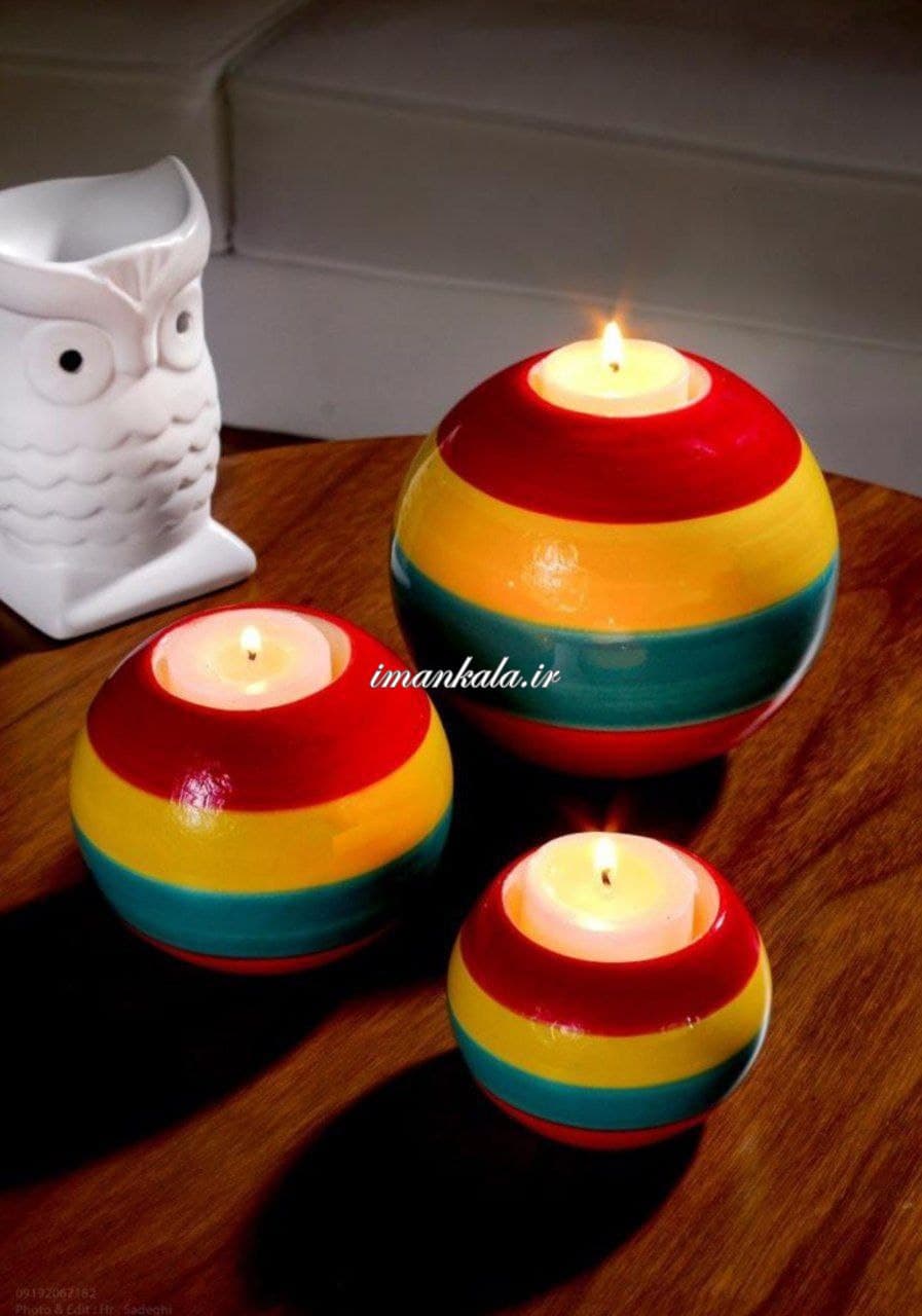 جای شمع ۳ تایی سرامیکی کره رنگی
