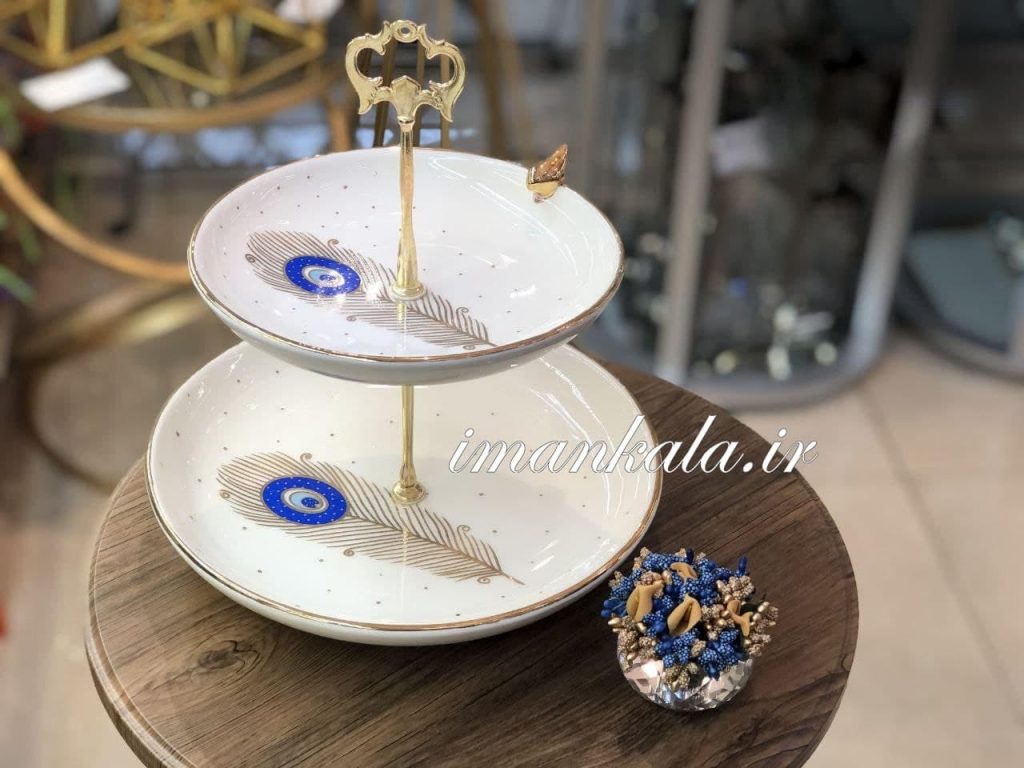 ظرف پذیرایی شیرینی ۲ طبقه پرنده پر طاووس