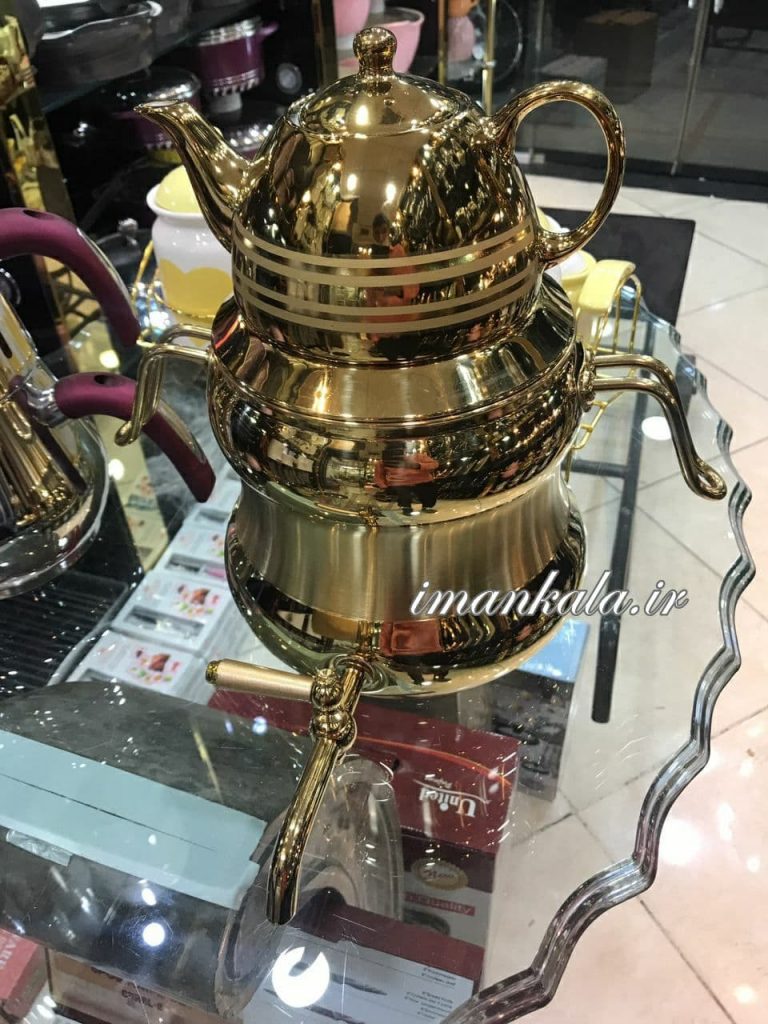 کتری استیل قوری چینی طلایی